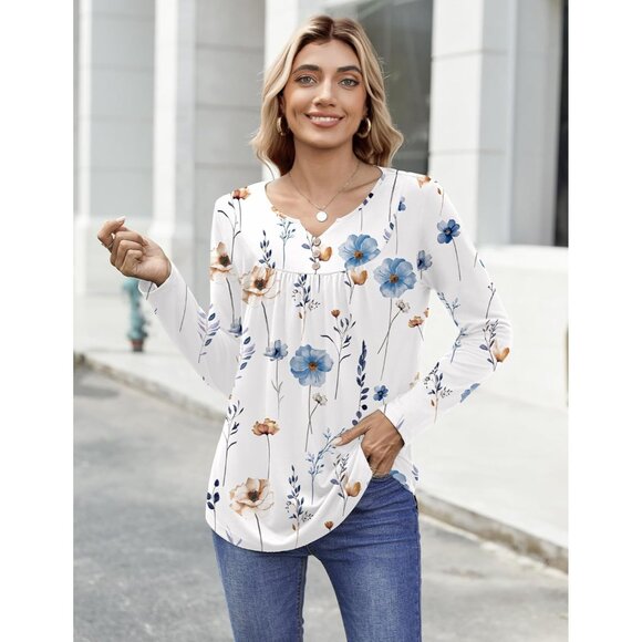 Women's Boho Long Sleeve Blouse Casual Fall Winter Shirt with Buttons - Picture 4 of 5